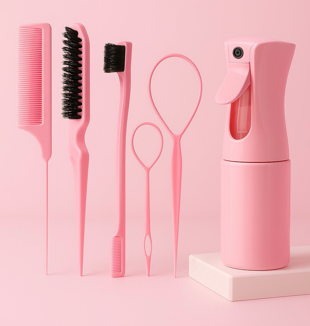 Pink 6-piece hair styling kit with detangling comb, bristle brush, edge tools and spray bottle for styling textured and curly hair.