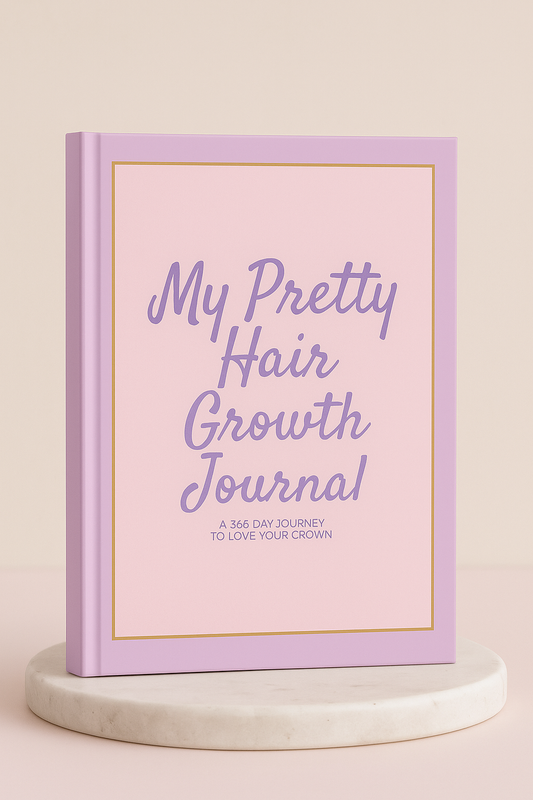 My Pretty Hair Growth Journal front cover in pastel pink, purple and blue Nubian Lo design.