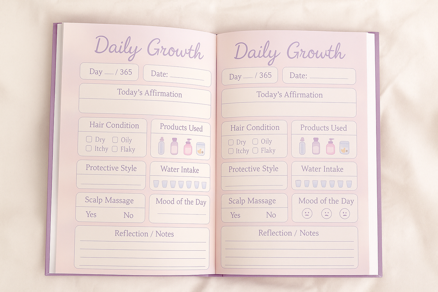 My Pretty Hair Growth Journal displayed on desk with pastel accessories, Nubian Lo stationery aesthetic.