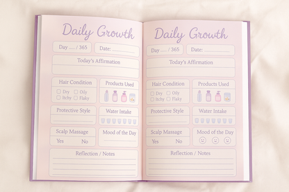 My Pretty Hair Growth Journal displayed on desk with pastel accessories, Nubian Lo stationery aesthetic.