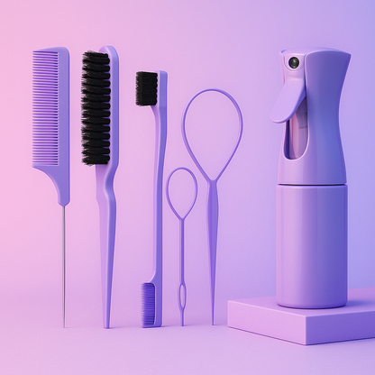 Purple 6-in-1 hair styling kit with detangling comb, edge brush, loop tools and mist spray bottle for curly and natural hair.