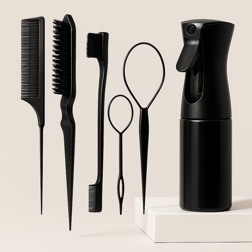 Black 6-in-1 hair styling tool set on pink and purple background, including parting comb, bristle brush, edge tool and mist spray bottle.