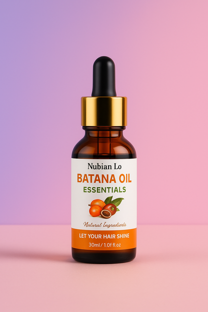 Batana Oil essential hair growth oil in amber dropper bottle on pink gradient background — natural moisturizing treatment for all hair types.