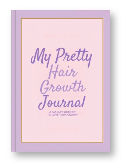 Journal titled 'My Pretty Hair Growth Journal' with a light pink cover and purple text on a white background.