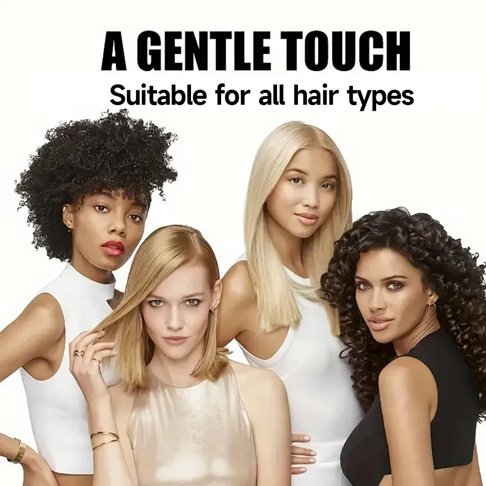 Batana Oil hair care suitable for all hair types graphic showing diverse women with curly, wavy and straight hair.