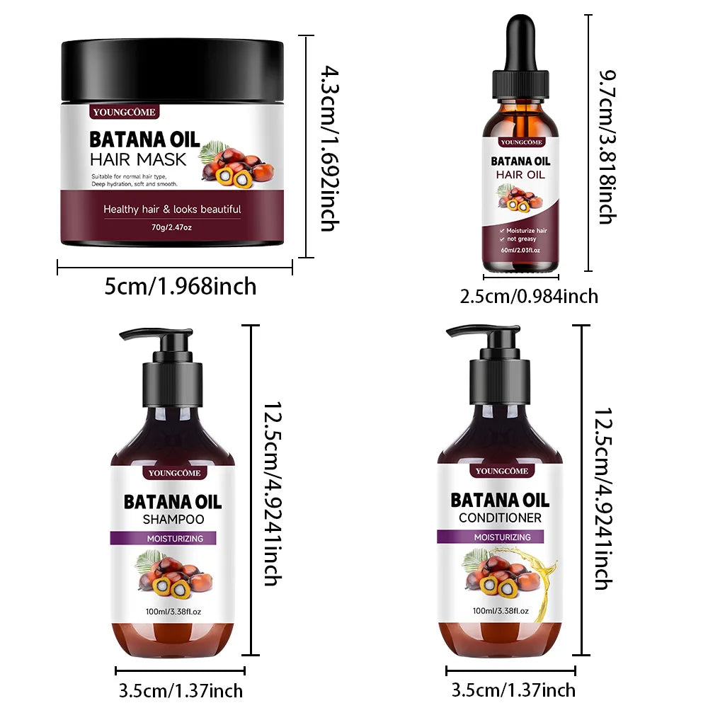 Batana Oil Hair Care Kit product size chart showing shampoo, conditioner, hair oil and mask bottle dimensions.
