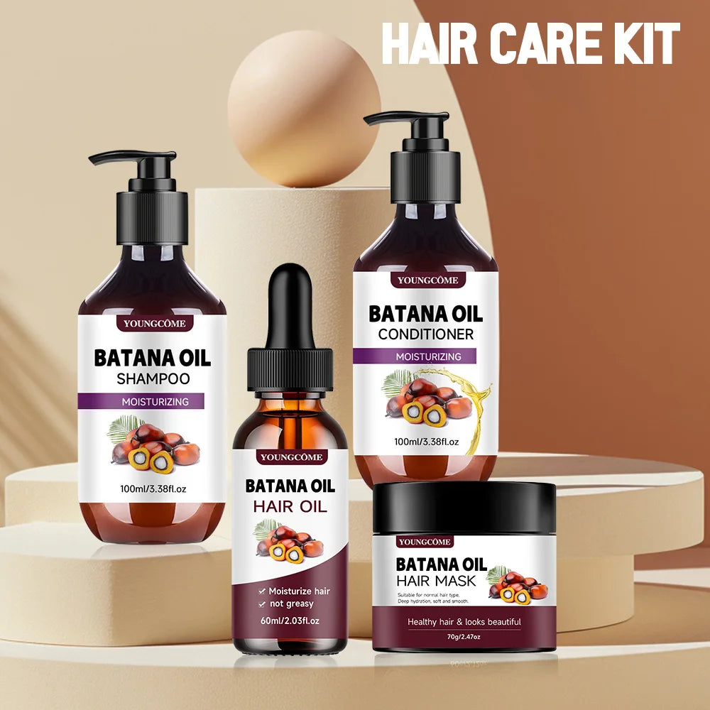 Batana Oil Hair Care Kit with shampoo, conditioner, hair oil, and hair mask displayed on pastel podium — moisturizing routine for healthy, shiny hair.