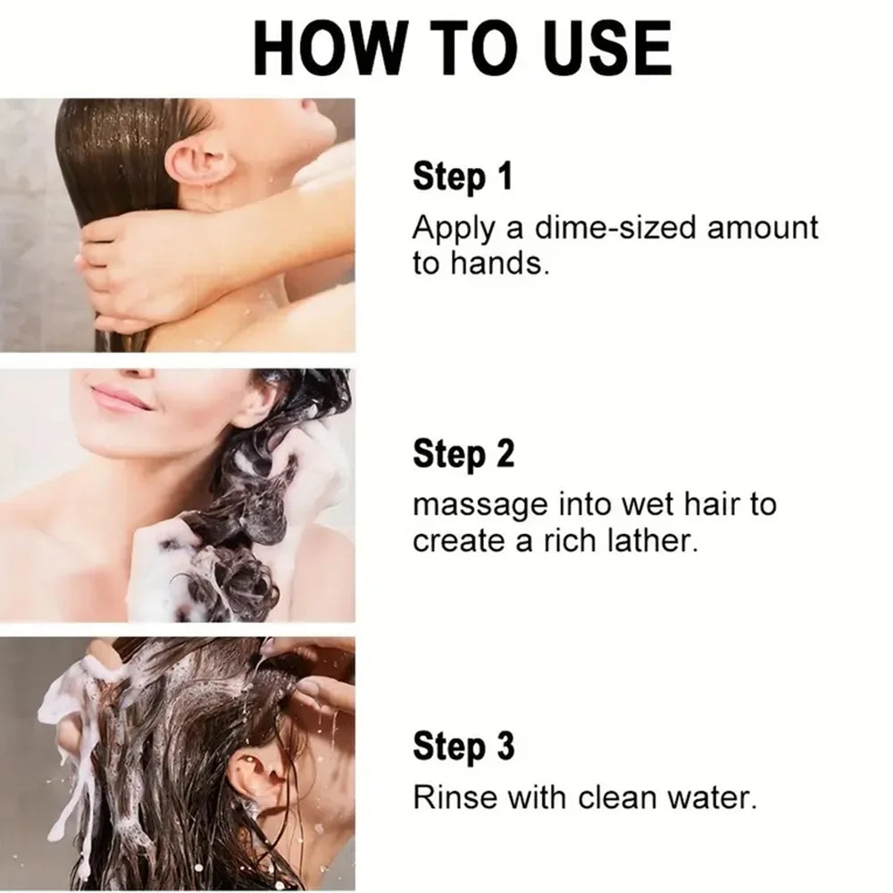 Batana Oil application guide with step-by-step instructions showing how to apply, massage and rinse for best hair moisture results.